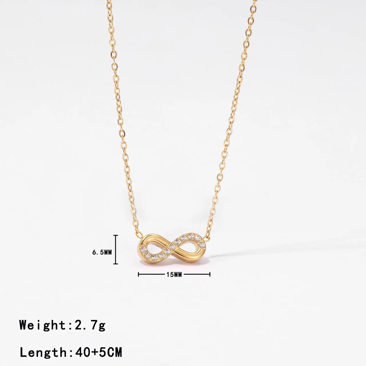 Gold infinity necklace on a white background with measurements and weight details.