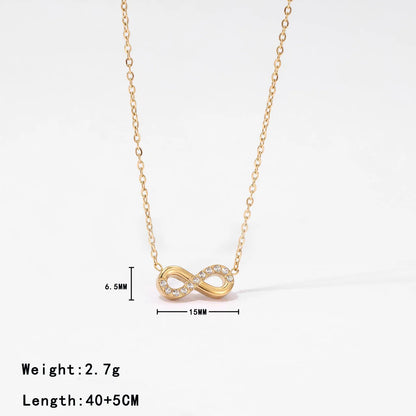 Gold infinity necklace on a white background with measurements and weight details.