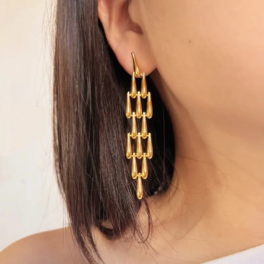 Gold chain earring worn by a person with a neutral background