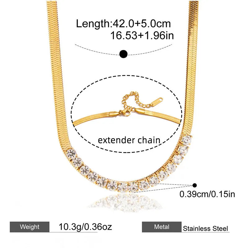 Gold necklace with crystal details and extender chain, showing measurements and material information.