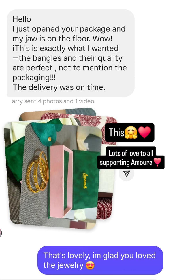 Customer review with text and images of jewelry and packaging