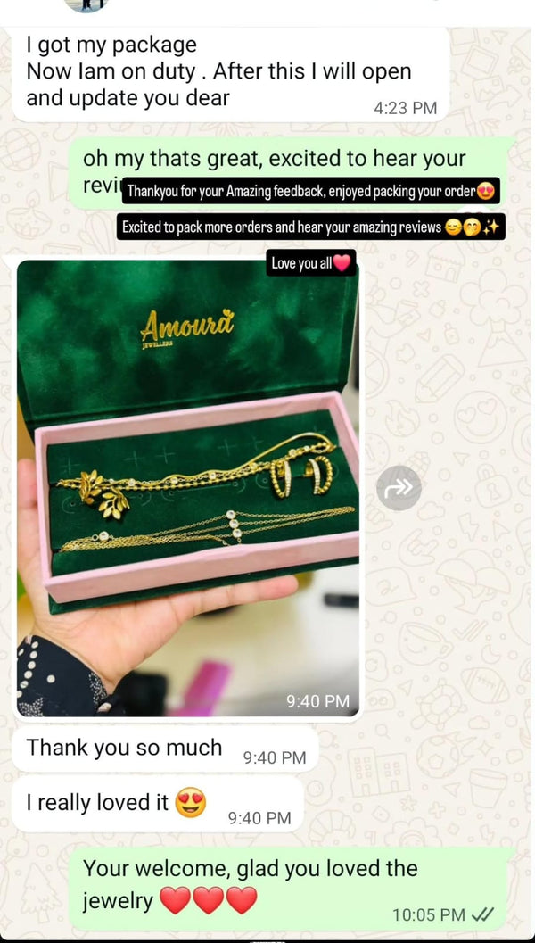 Text conversation with a green Amoura jewelry box and gold necklace, followed by a close-up of the jewelry.